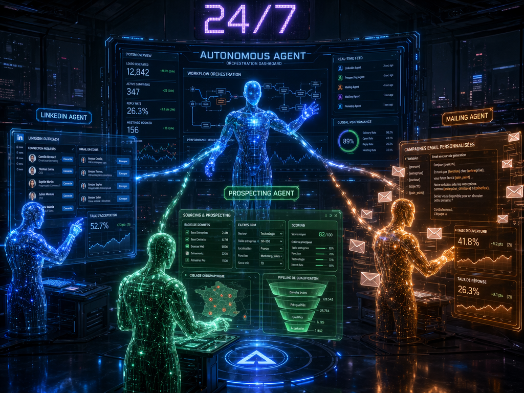 Dashboard d'orchestration des agents IA autonomes — LinkedIn, Prospecting et Mailing